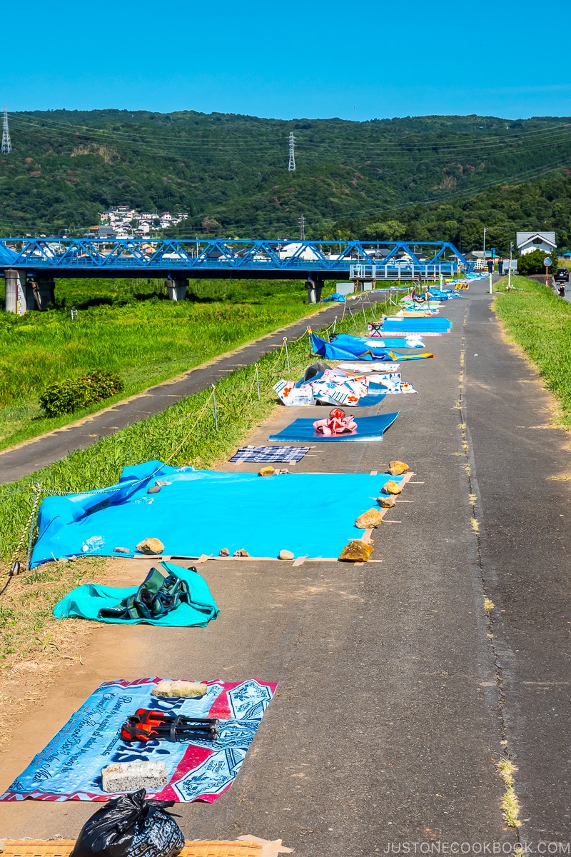 picnic sheets setup along the river bank