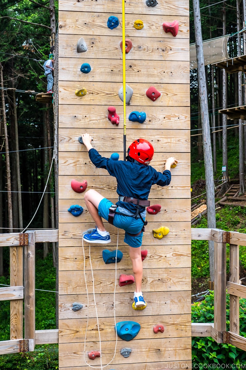 a boy climbing wood wall