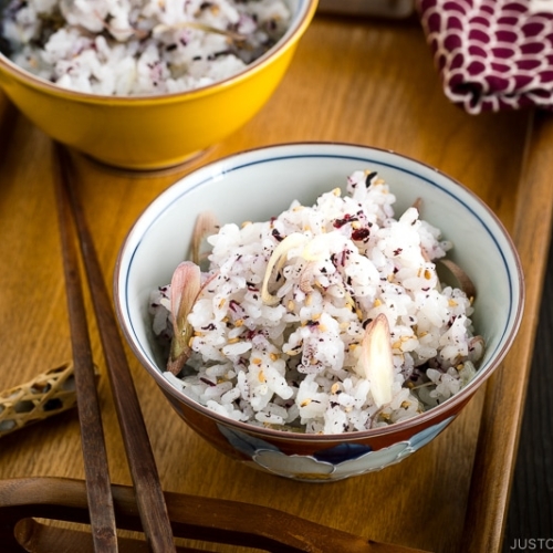 A rice bowl containing Myoga Yukari Mazegohan.