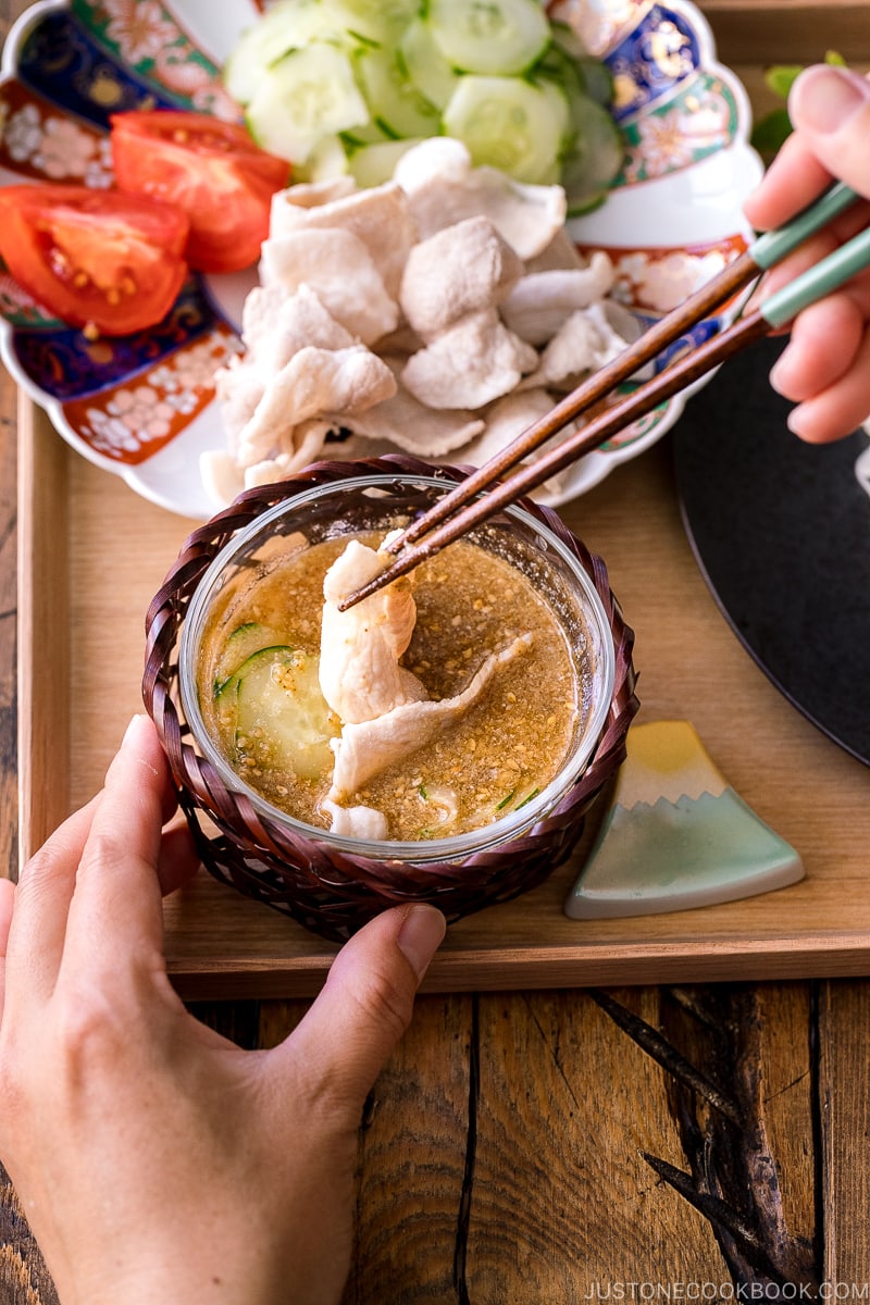 Pork shabu shabu dipped in sesame miso sauce.