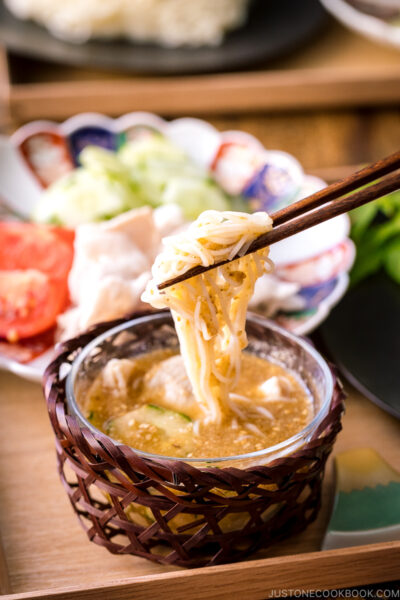 Somen noodles dipped in sesame miso sauce.