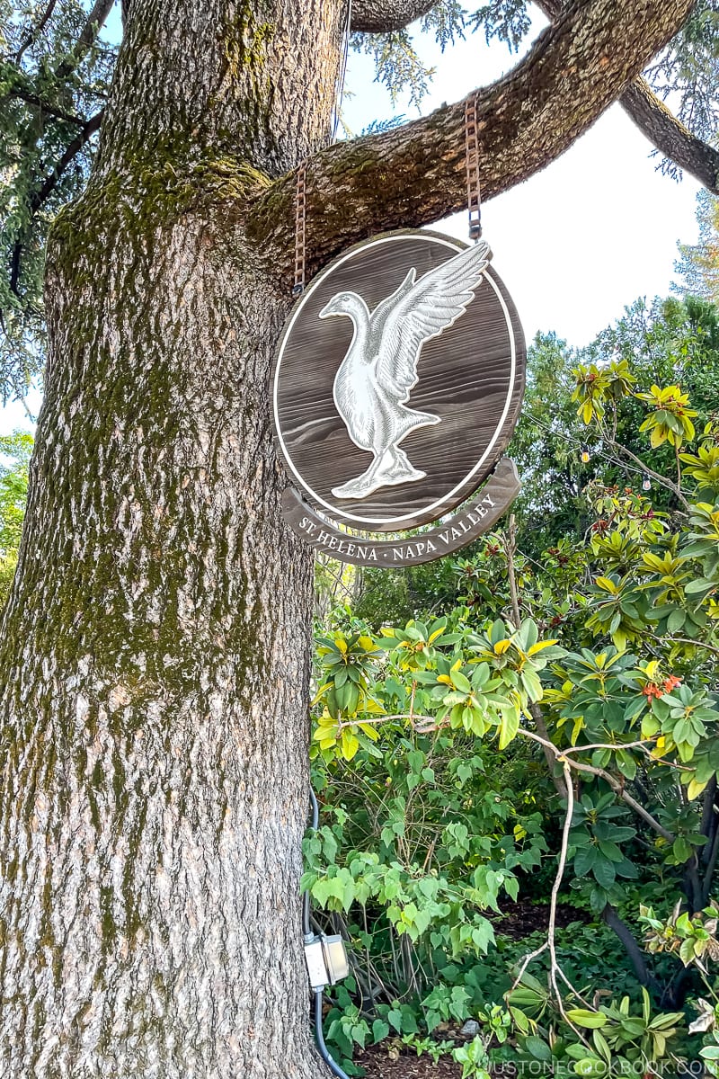 sign for Goose & Gander on a tree