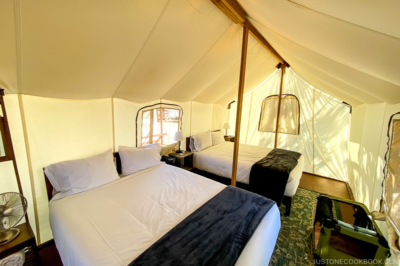 two beds inside a tent