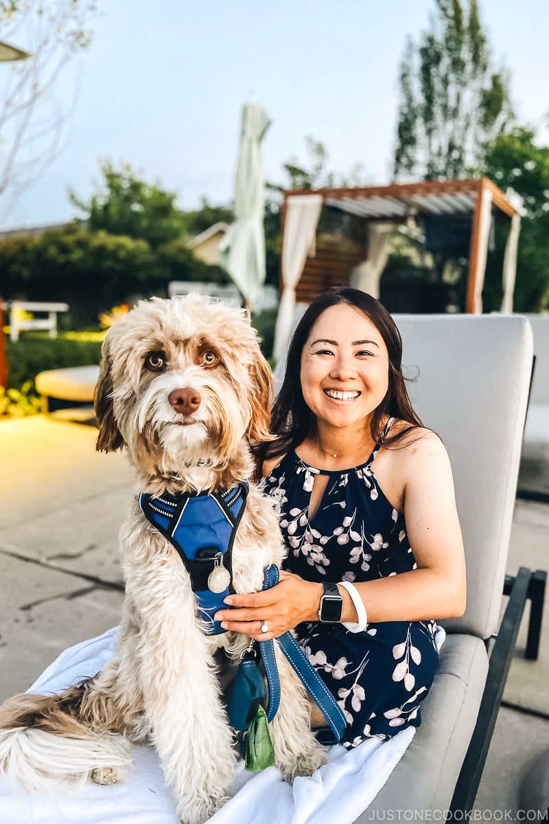 woman with dog on lounger