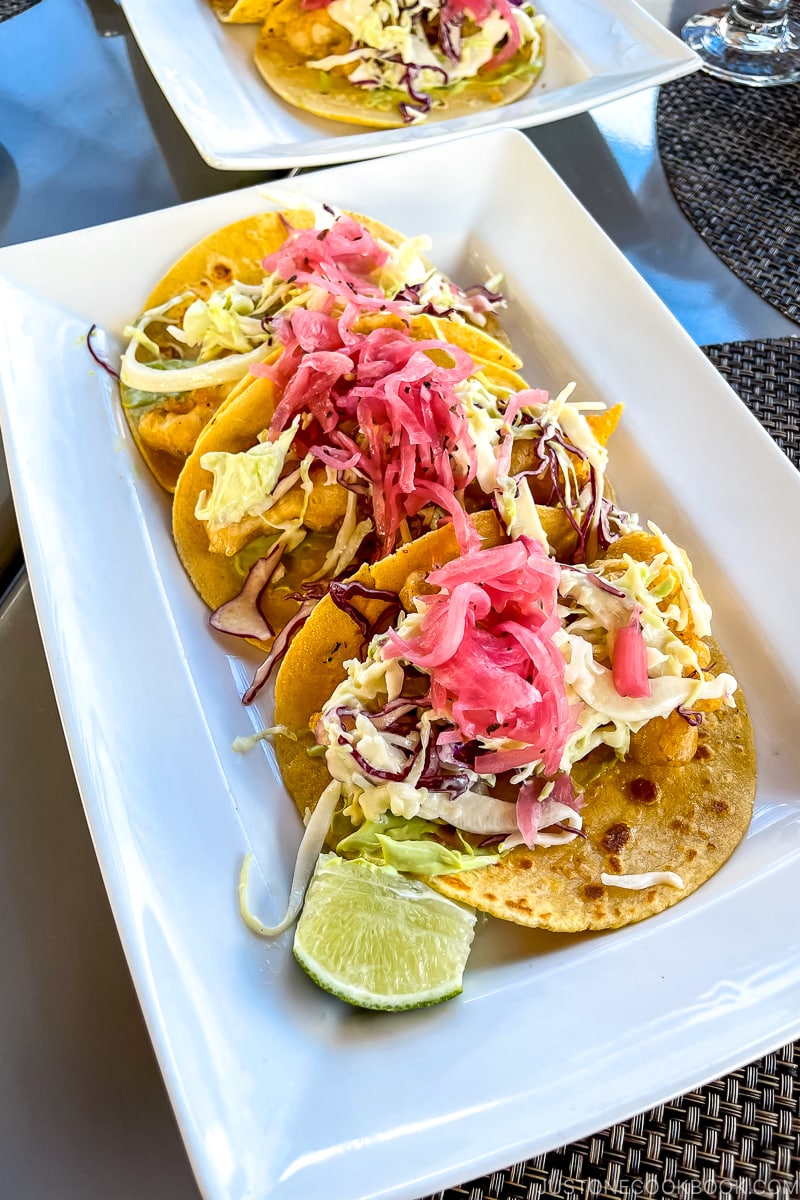 Fish Tacos on a white rectangular plate