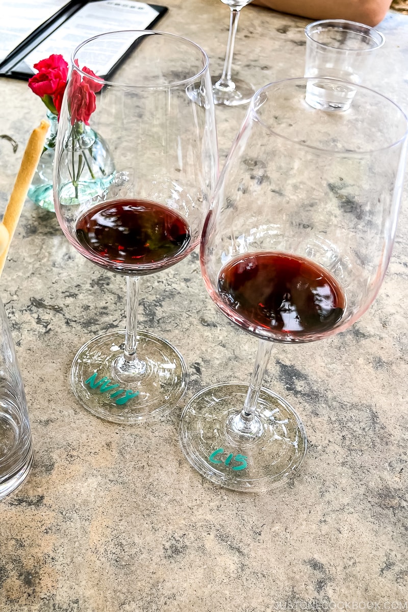 two wine glasses with red wine on a stone table
