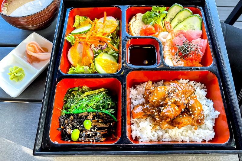 bento box with rice and entrees