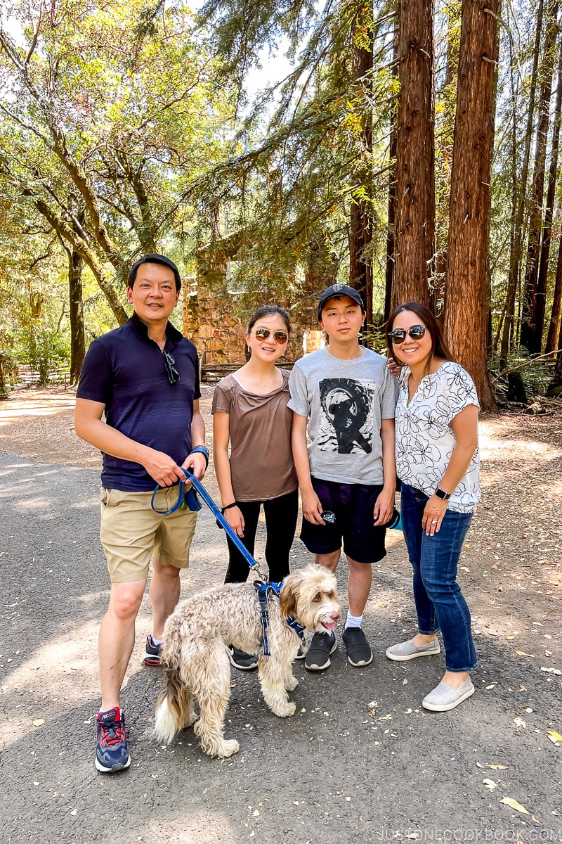 a family and dog in front of The Wolf House Ruins