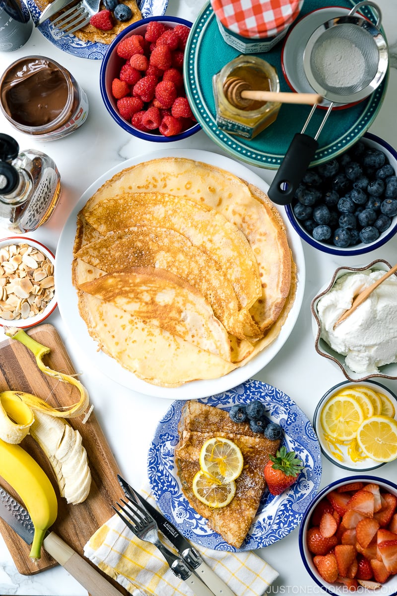 DIY homemade crepe party spread on the table.