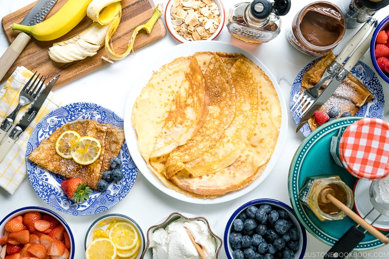 DIY homemade crepe party spread on the table.
