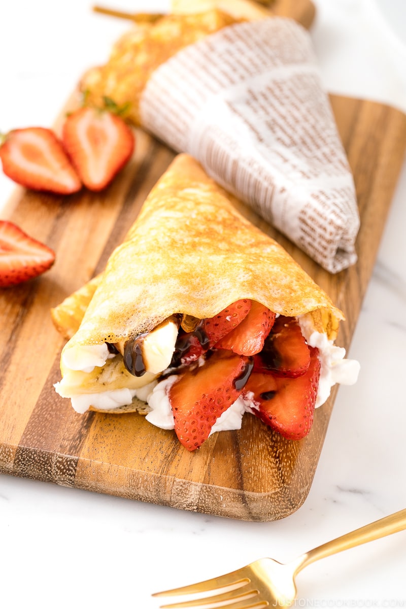 Japanese style crepes on the wooden board.