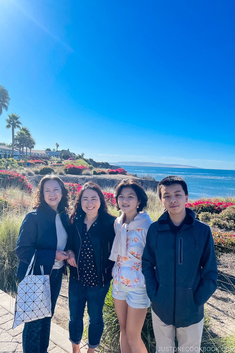 four people standing on a bluff next to the beach