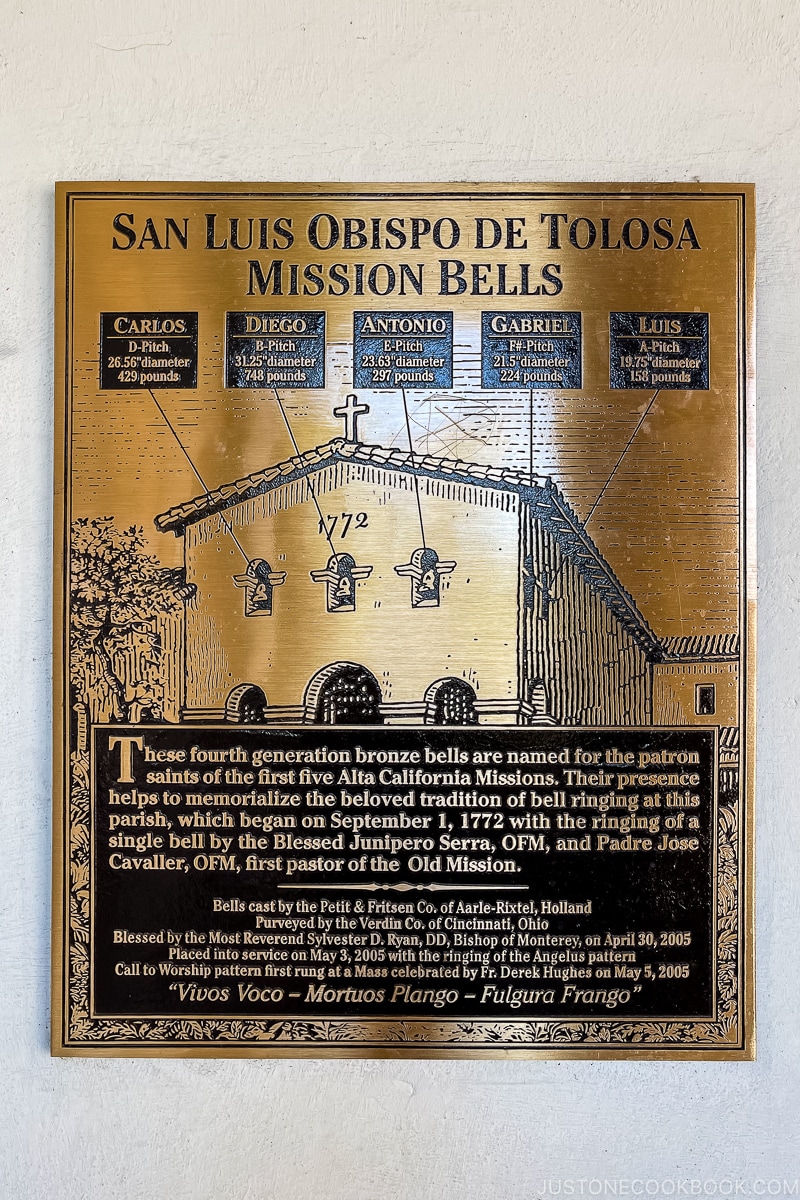 sign for the bronze bells at Mission San Luis Obispo de Tolosa