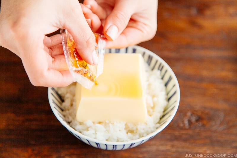 Tamago tofu (Egg Tofu) over steamed rice.