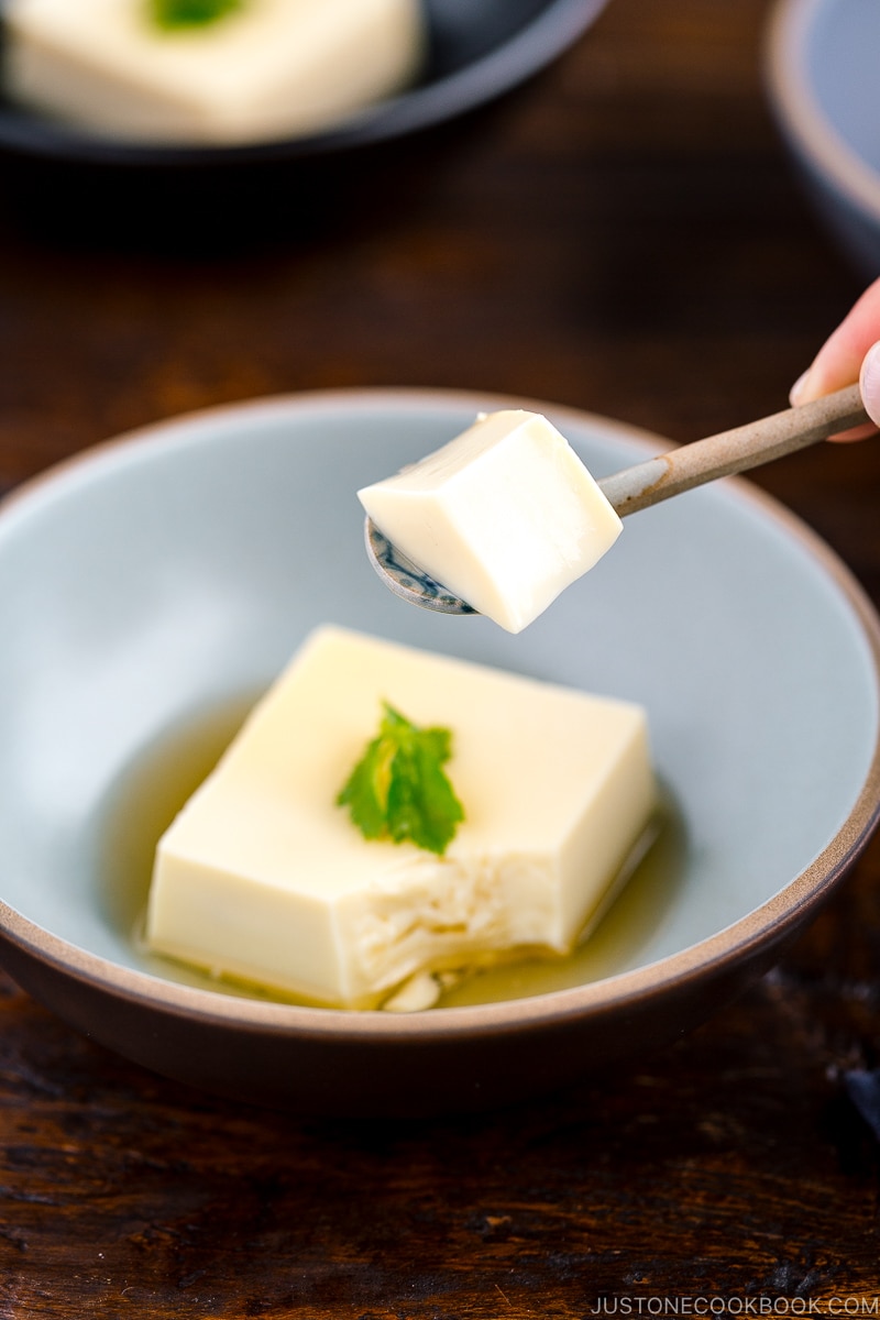 A ceramic bowl containing Egg Tofu (Tamago Tofu).