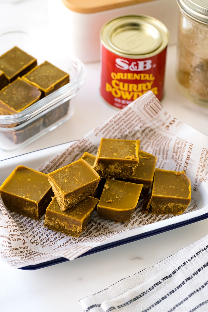 A enamel tray containing homemade Japanese curry roux blocks.