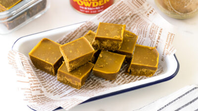 A enamel tray containing homemade Japanese curry roux blocks.