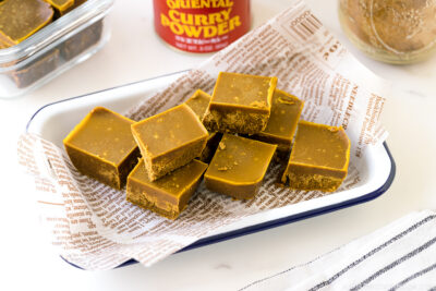A enamel tray containing homemade Japanese curry roux blocks.