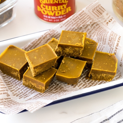 A enamel tray containing homemade Japanese curry roux blocks.