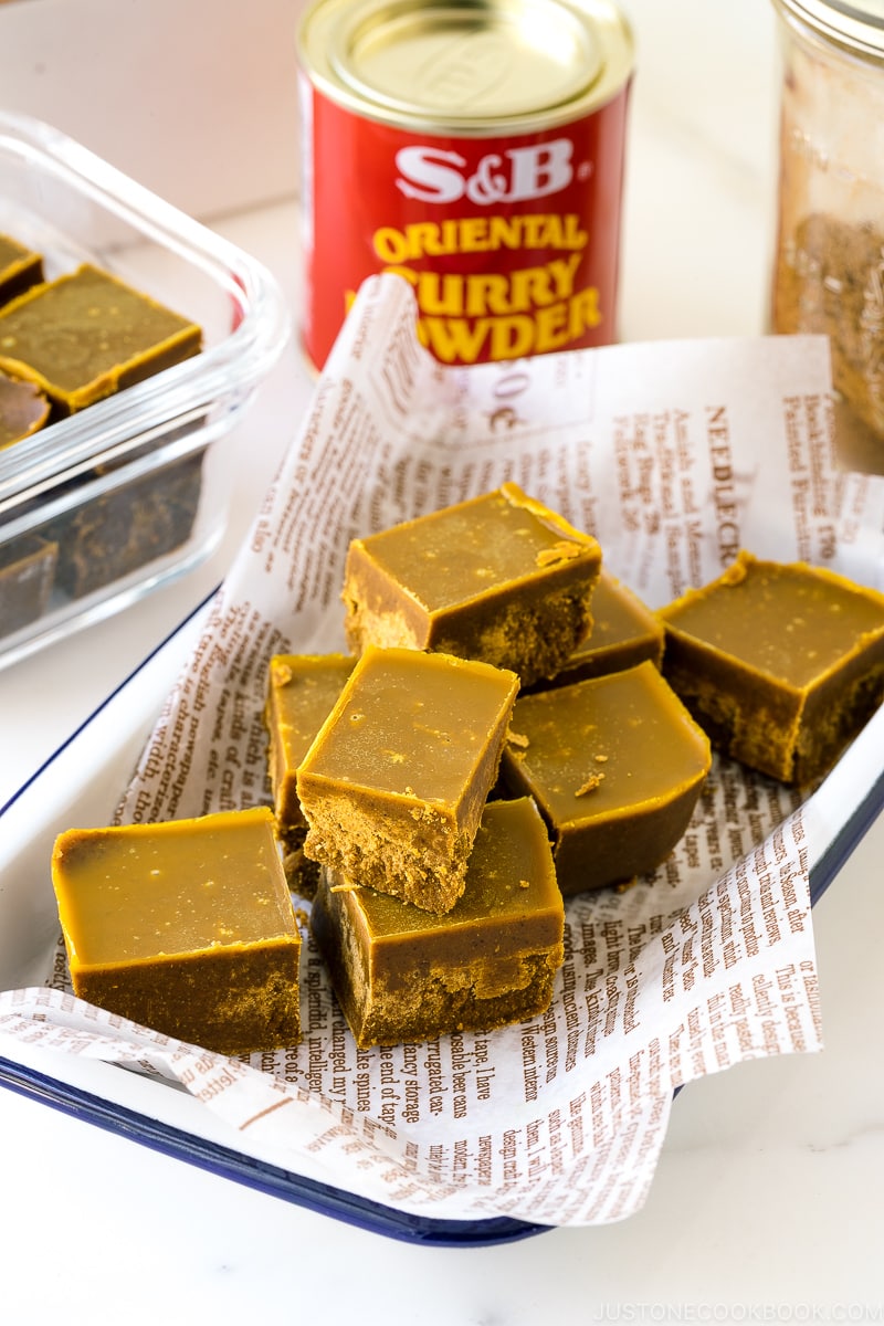 A enamel tray containing homemade Japanese curry roux blocks.