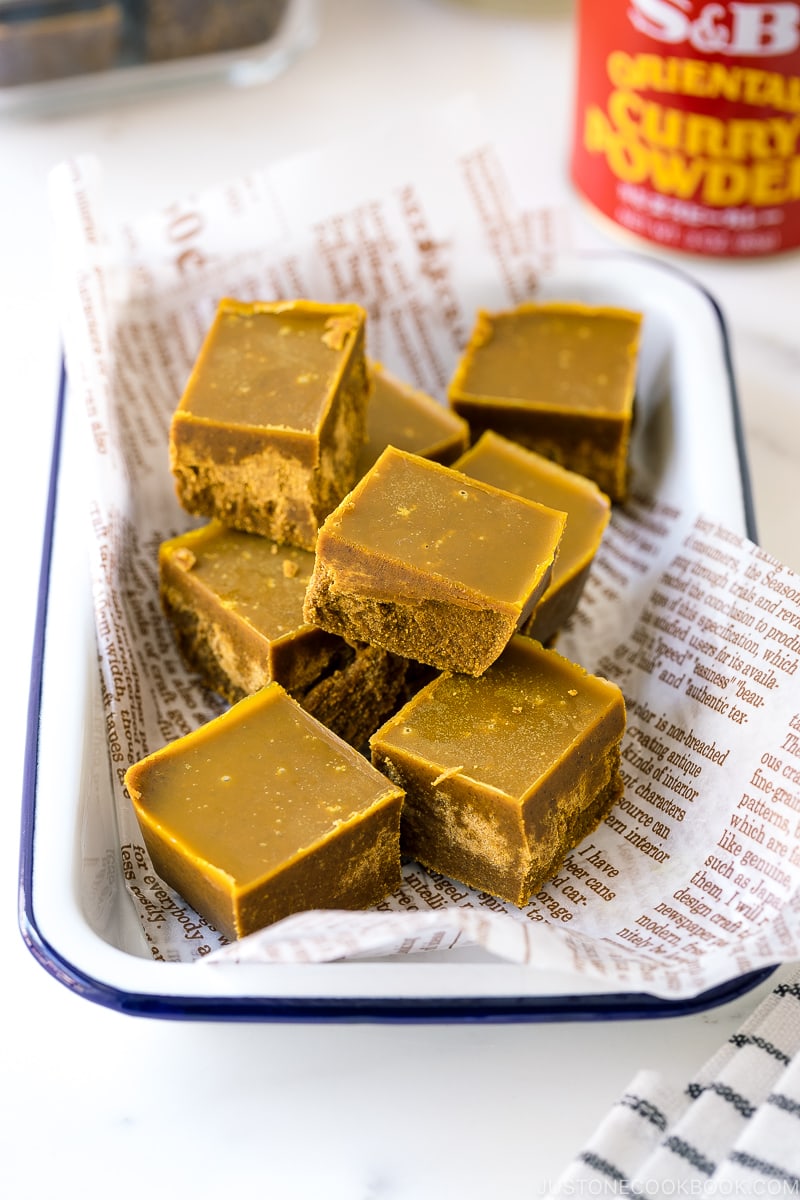 A enamel tray containing homemade Japanese curry roux blocks.