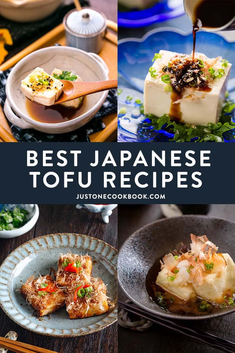 collage of japanese tofu recipes featuring hot tofu, chilled tofu, teriyaki tofu and agedashi tofu
