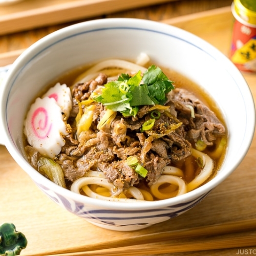 Beef udon noodle soup in a donburi bowl.