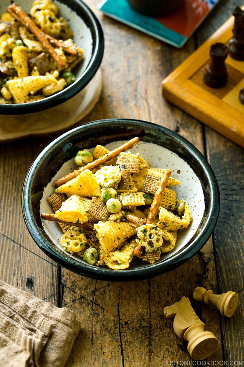 A ceramic bowl containing homemade Furikake Chex Mix.