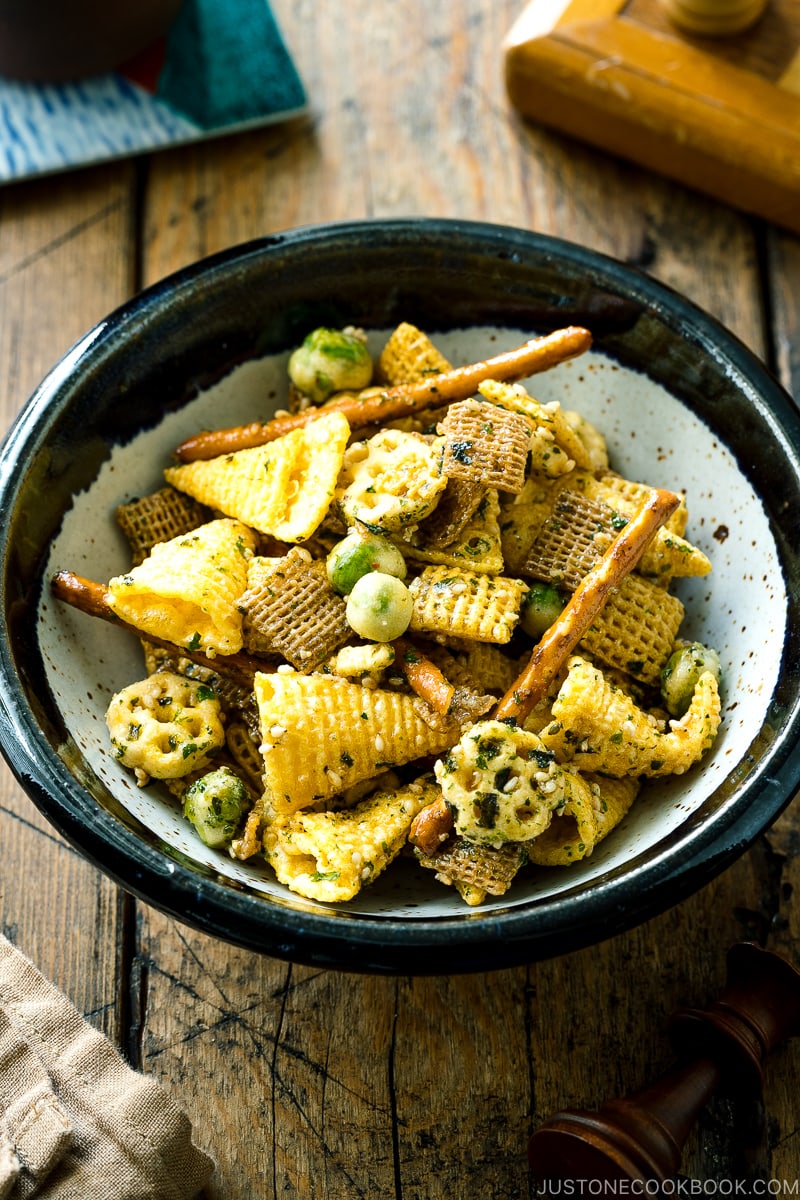 A ceramic bowl containing homemade Furikake Chex Mix.