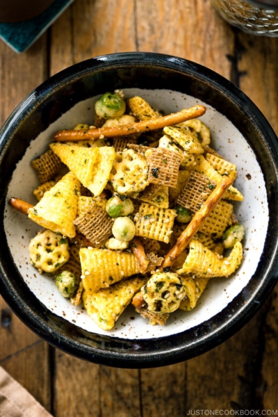 A ceramic bowl containing homemade Furikake Chex Mix.