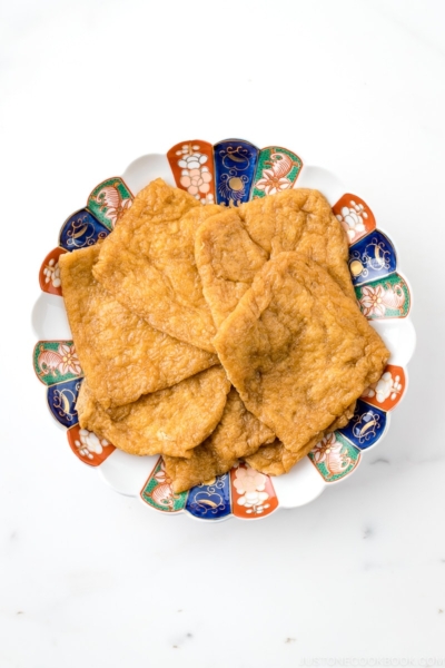 A plate containing homemade inari age.