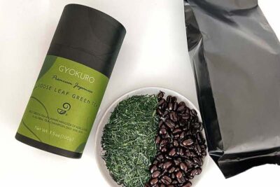 Gyokuro green tea and Japanese charcoal coffee beans packages