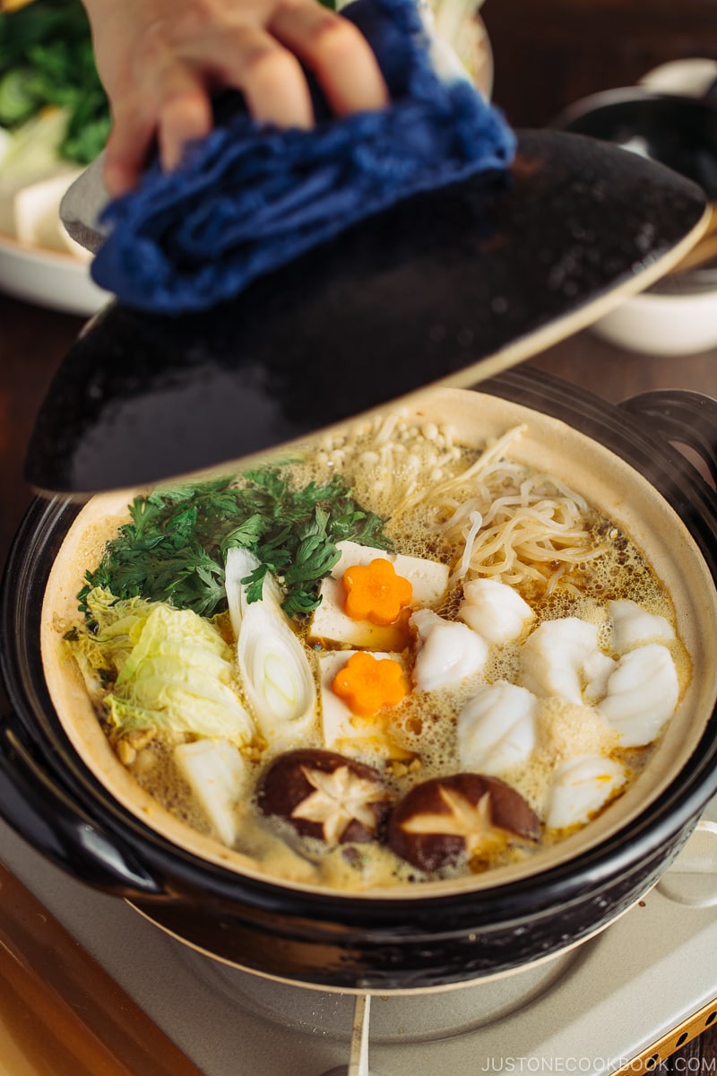 A donabe containing monkfish and vegetables.