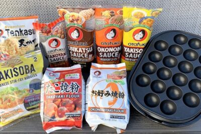 Otafuku Foods Giveaway Set featuring Okonomiyaki sauce, okonomi flour, takoyaki sauce, takoyaki grill, etc.