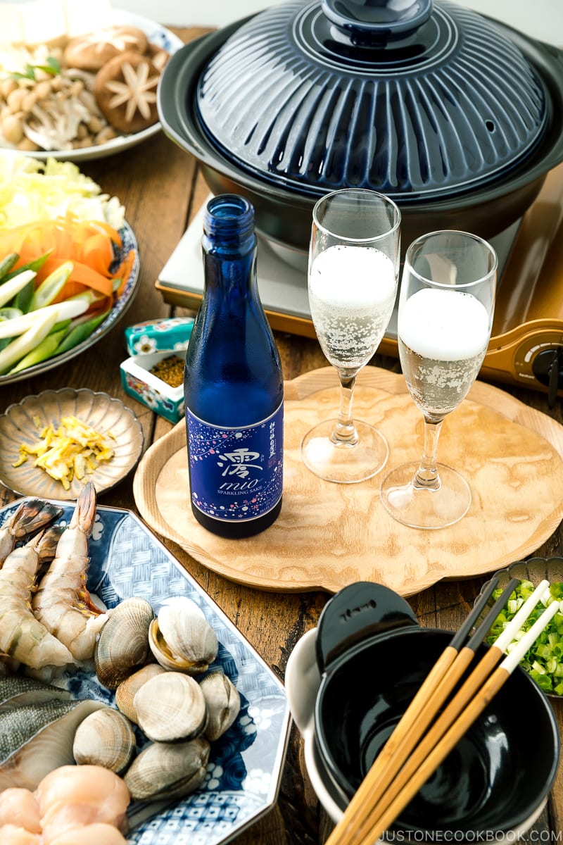 A table set up for Yosenabe, Japanese combination hot pot.