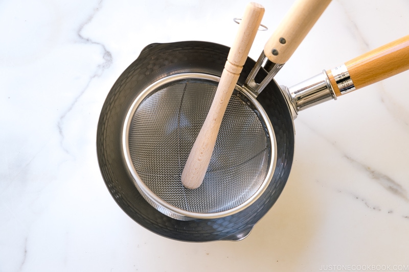 Miso strainer set inside a pot