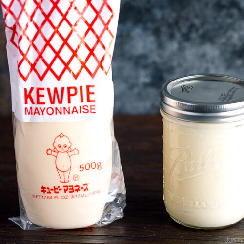 A mason jar containing homemade Japanese mayonnaise (kewpie mayo).