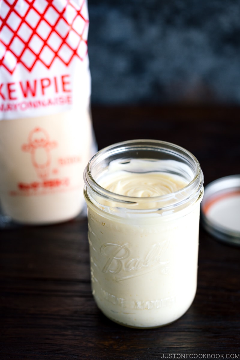 A mason jar containing homemade Japanese mayonnaise (kewpie mayo).