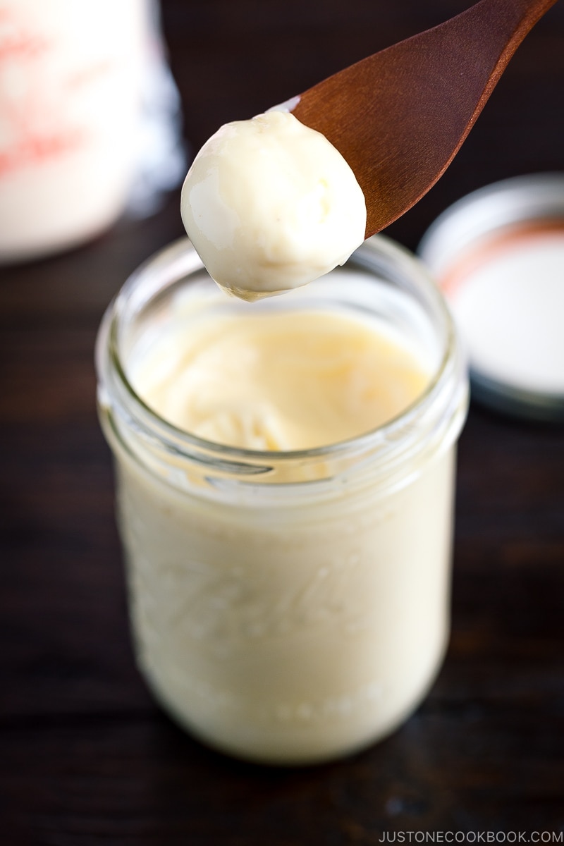 A mason jar containing homemade Japanese mayonnaise (kewpie mayo).