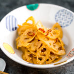 A Japanese bowl containing Kinpira Renkon (Lotus Root).