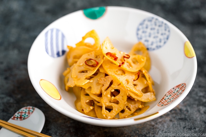 A Japanese bowl containing Kinpira Renkon (Lotus Root).