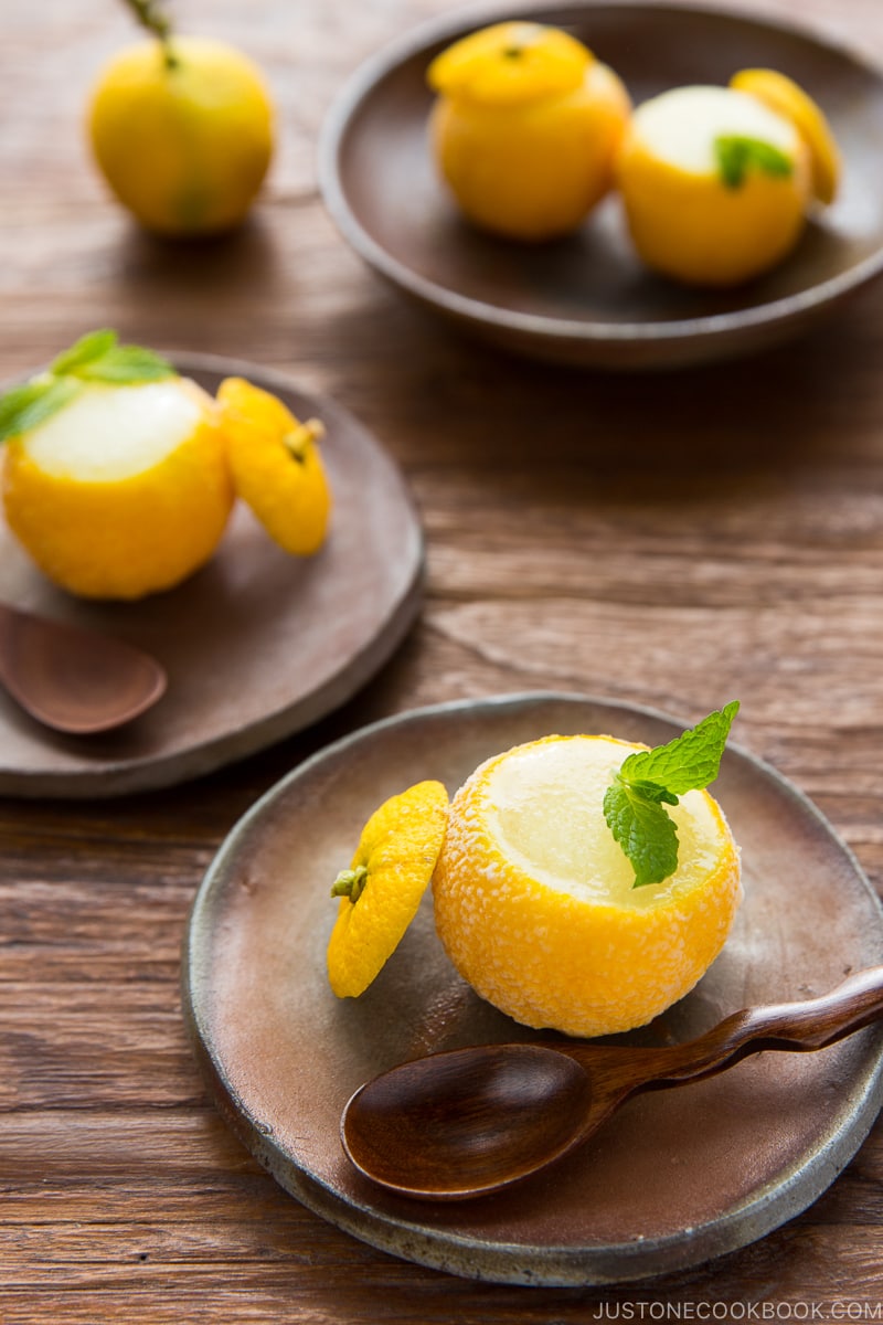 Yuzu Sorbet served on a bizenware.