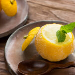 Yuzu Sorbet served on a bizenware.