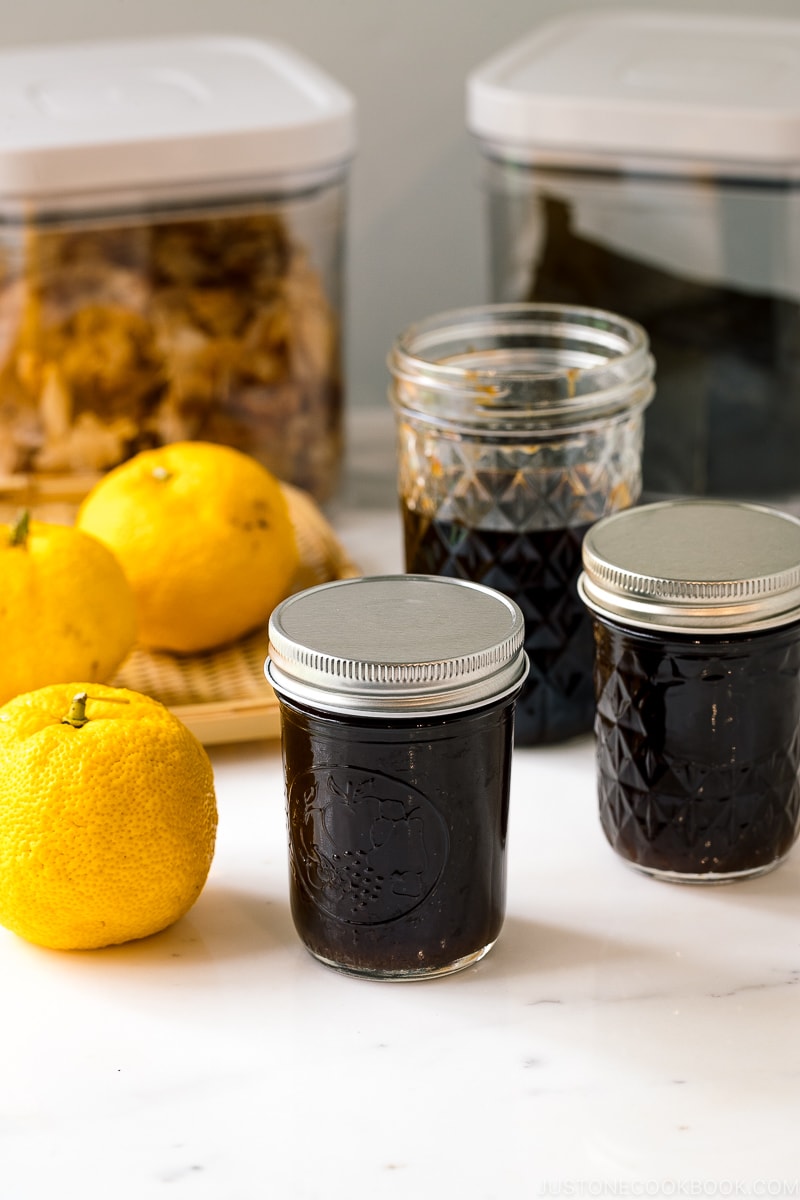 A mason jar containing Yuzu Ponzu (Yuzupon) - Japanese citrus dipping sauce.