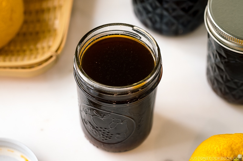 A mason jar containing Yuzu Ponzu (Yuzupon) - Japanese citrus dipping sauce.