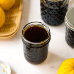 A mason jar containing Yuzu Ponzu (Yuzupon) - Japanese citrus dipping sauce.