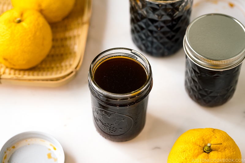 A mason jar containing Yuzu Ponzu (Yuzupon) - Japanese citrus dipping sauce.