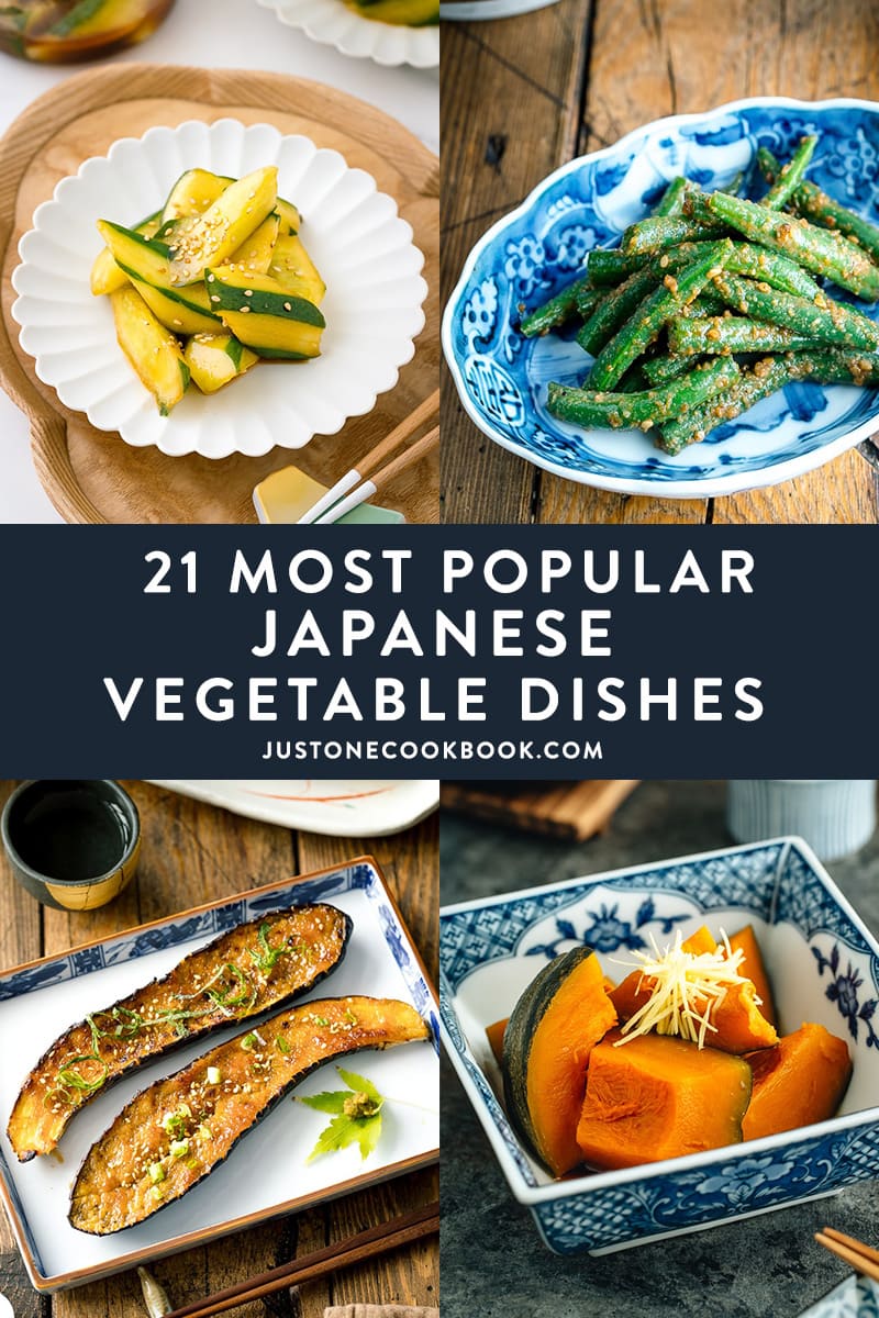 a collection of Japanese vegetable sides featuring pickled cucumber, green bean gomaae, miso eggplant, simmered kabocha