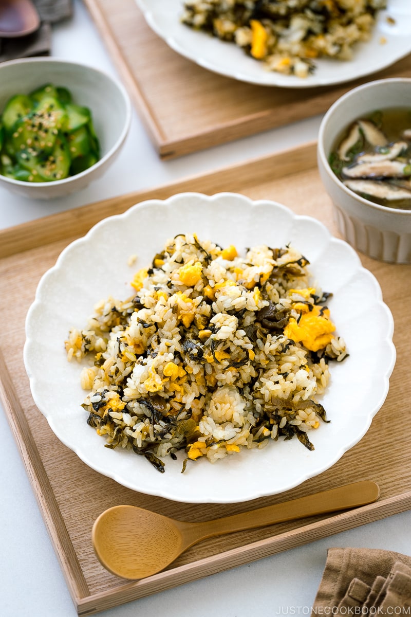 A white plate containing Pickled Mustard Green Fried Rice (Takana Chahan).