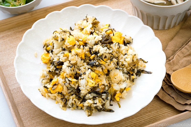 A white plate containing Pickled Mustard Green Fried Rice (Takana Chahan).
